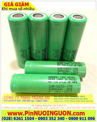 Samsung INR18650-25R; Pin sạc 18650 lithium 3.7v Samsung INR18650-25R (2500mAh, Dòng xả 20A)