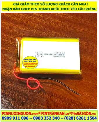 Lipo 724172, Pin sạc Lithium Li-polymer 724172 (3000mAh, 7.2mmx41mmx72mm) /Đã gắn sẳn mạch sạc