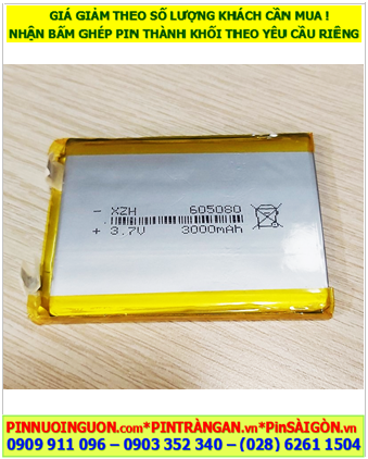 LP-605080, Pin sạc 3.7v Li-polymer LP-605080 (6mmx50mmx80mm) 3000mAh /chưa gắn sẳn mạch sạc
