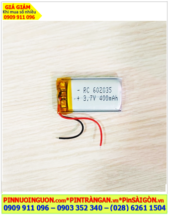 Lipolymer 602035, Pin sạc 3.7v Li-polymer 602035 (6mmx20mmx34mm) 400mAh /Đã có mạch sẳn