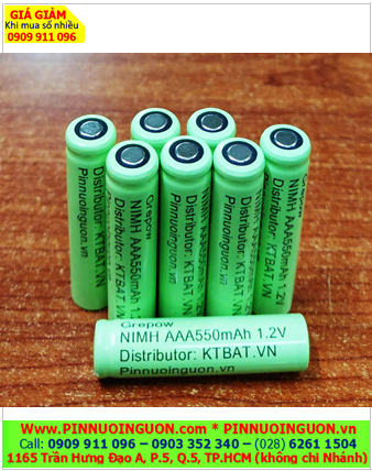Pin sạc 1.2v AAA550mAh, Pin sạc công nghiệp đầu bằng NiMh AAA550mAh 1.2v, Cell pin Grepow NiMh AAA550mAh 1.2v